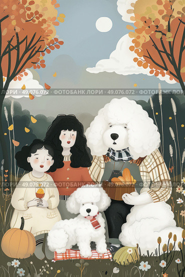 A family and their two poodles are enjoying a sunny autumn day in a park. The family is sitting on the ground surrounded by fall foliage and a pumpkin. Стоковое AI-изображение, AI-художник Данила Большаков / Фотобанк Лори