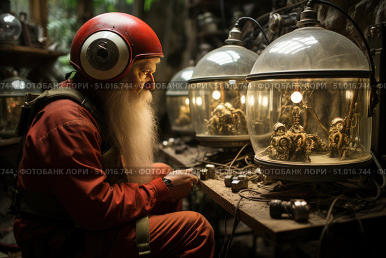 A fantastic character with a long gray beard and a red suit reminiscent of a space or engineering uniform works in a mysterious laboratory. He wears a red helmet with round headphones, creating an image of retrofuturism. In front of him are strange glass domes with mechanical creatures or devices inside, connected to cables and lamps. The atmosphere is a mixture of steampunk, retrofuturism and science fiction. Ideal for sci-fi themes, invention, retrofuturistic worlds and art concepts. Стоковое AI-изображение, AI-художник Анна Кривицкая / Фотобанк Лори