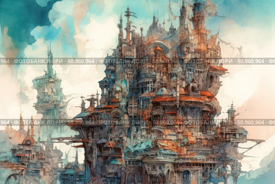 A fantastic city, depicted in watercolor, floats among the clouds. The architecture combines elements of steampunk, fantasy and utopian future. Towers, bridges and labyrinths of buildings form a complex structure, as if growing out of a dream. The color palette is soft, with a predominance of turquoise and terracotta shades, which gives the image a sense of magic and unreality. Ideal for book, game, poster or cover design. Стоковое AI-изображение, AI-художник Анна Кривицкая / Фотобанк Лори