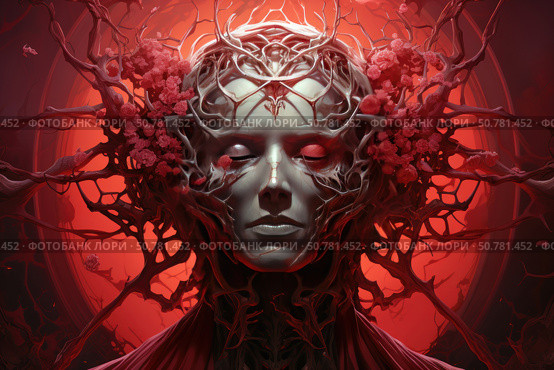 A fantastic digital artwork featuring a surreal image of a female face surrounded by organic, branched structures resembling roots or vessels. The face is emotionless, with closed eyes, painted silver-gray, against a bright red circle, creating a sense of power and mystery. The branches and ramifications form a complex pattern, decorated in places with scarlet flowers. The image combines elements of nature, biomechanics and futuristic horror, evoking associations with cyberpunk, transformation and mythology. Стоковое AI-изображение, AI-художник Анна Кривицкая / Фотобанк Лори
