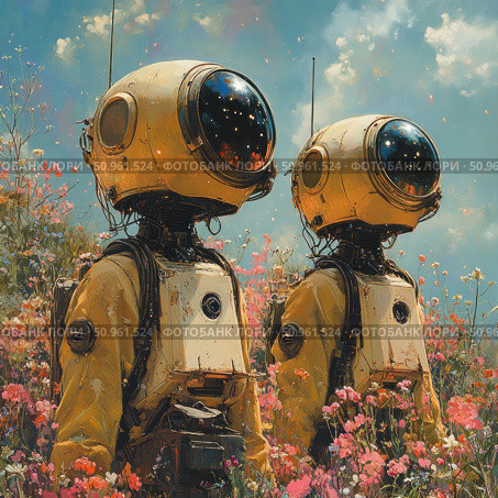 A fantastic digital illustration of two astronauts in yellow spacesuits standing in a flowering field under a bright sky. The helmets reflect the starry sky, creating the feeling that they are not just explorers, but wanderers between worlds. The contrast between high technology and natural beauty emphasizes the atmosphere of dreams, harmony and adventure. The work is made in the style of science fiction with elements of digital painting and symbolism. Стоковое AI-изображение, AI-художник Анна Кривицкая / Фотобанк Лори