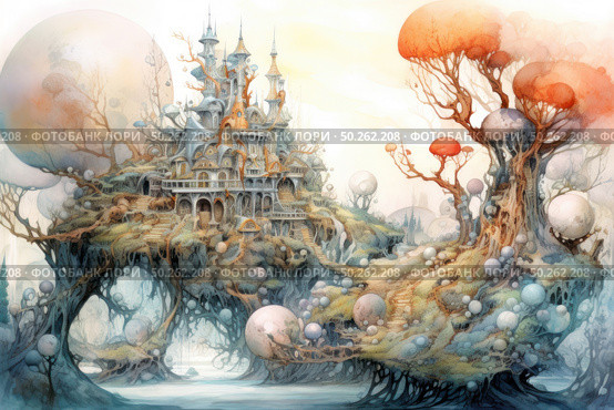 A fantastic fairytale landscape with a castle on a rocky island surrounded by trees of unusual shapes and bright colors. The architecture resembles a magical city - many towers, arches and balconies, as if growing out of the landscape itself. The whole scene is done in watercolor technique, with soft pastel colors and accents in orange-red tones. This image is like from a fairy tale or fantasy world - an ideal choice for the design of books, games, posters, covers and children's products. fairytale castle. Стоковое AI-изображение, AI-художник Анна Кривицкая / Фотобанк Лори