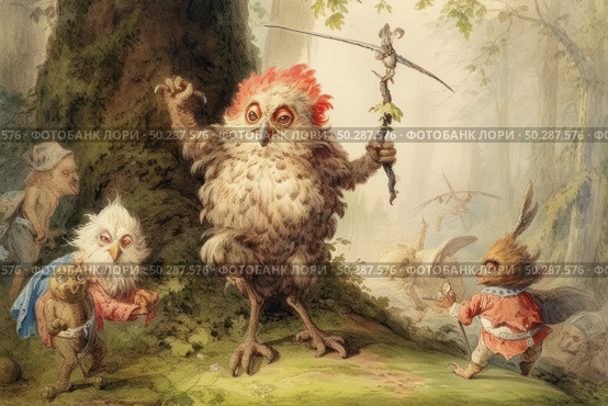 A fantastic illustration with elements of fairy tale and humor, depicting a gathering of bizarre woodland creatures in a magical forest. In the center is a feathered creature with a flaming red crest, holding a magic staff, like a leader or shaman. Around him are gathered other fantastic characters with bird and animal features, dressed in ancient clothes. The picture is filled with a magical atmosphere and fairytale aesthetics, perfect for children's books, fantasy projects and decorative art. Стоковое AI-изображение, AI-художник Анна Кривицкая / Фотобанк Лори