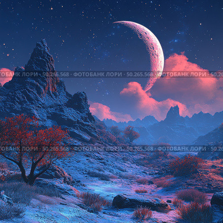 A fantastic landscape of an alien world. A mysterious mountainous area with sharp rocks, dry bushes and rare trees with bright red foliage opens up before us. The stars shine in the sky, and a huge pink-lilac Moon or satellite rises behind the clouds, creating the feeling of another planet. A deep color palette with a contrast of blue and scarlet emphasizes the atmosphere of cosmic mystery and surrealism. Ideal for science fiction themes, digital art and backgrounds for games or illustrations. Стоковое AI-изображение, AI-художник Анна Кривицкая / Фотобанк Лори