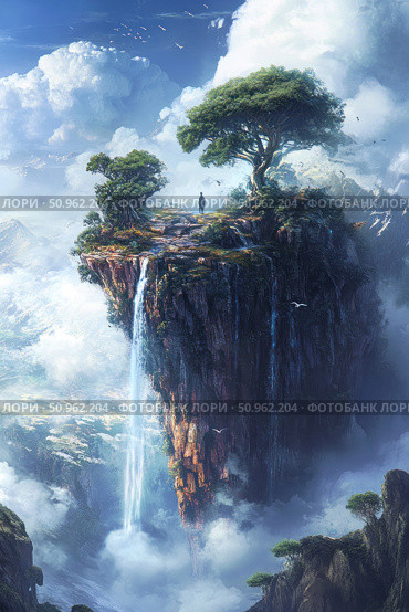 A fantastic landscape with a floating rock covered with greenery and trees. A lonely man stands on the top, contemplating the endless clouds and mountain expanses. A waterfall flows from the top of the rock, dissolving in the clouds below. The picture is filled with an atmosphere of solitude, the grandeur of nature and magical realism. Perfect for book covers, fantasy illustrations, motivational posters and dream visualizations. Стоковое AI-изображение, AI-художник Анна Кривицкая / Фотобанк Лори