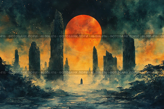 A fantastic landscape with a huge red moon against the night sky. In the center of the composition you can see a lone figure standing on a road or plateau surrounded by fog. On both sides rise massive stone spires or ruins, creating a sense of abandonment and antiquity. The color palette is dominated by warm orange-red tones with transitions to dark green and blue shades. The atmosphere of the image is mystical, mysterious, with a touch of epic drama. Стоковое AI-изображение, AI-художник Анна Кривицкая / Фотобанк Лори