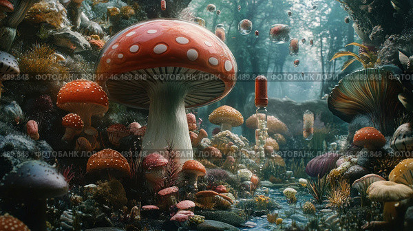 A fantastic mushroom forest with giant fly agarics and various mushrooms, creating a mysterious atmosphere. Capsules with unknown substances float in the air, adding a sci-fi touch to the scene. Light refracts through dense vegetation, creating soft, diffused lighting. The water in the stream mirrors the bizarre shapes of the mushrooms and the surroundings. The depth of the image emphasizes the effect of an underwater world or an alternate reality, where nature and technology merge into one. Стоковое AI-изображение, AI-художник Анна Кривицкая / Фотобанк Лори