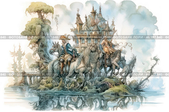 A fantastic scene, executed in the style of a detailed watercolor illustration. A group of riders on majestic horses moves through a marshy area, surrounded by fog and bizarre trees. They are heading towards a fairy-tale castle with many turrets, which seems to float in the air, shrouded in mystical light. One of the riders wears a wide-brimmed hat with feathers and a richly decorated suit, reminiscent of the outfits of the musketeers. The other rider is an old man in a long cloak, with a flowing beard, holding the reins with confidence. The atmosphere of the image is filled with mystery and a sense of adventure. Стоковое AI-изображение, AI-художник Анна Кривицкая / Фотобанк Лори