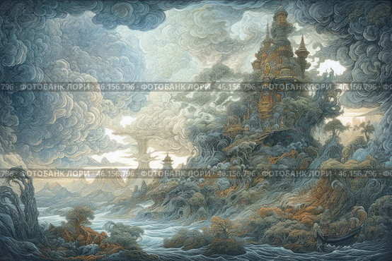 A fantastic scene in the style of a detailed engraving or old illustration. In the center of the composition rises a majestic castle or palace, surrounded by swirling clouds, rocks and trees, creating the feeling of a living landscape. The architecture is reminiscent of fairy-tale oriental or Slavic motifs, with many turrets, windows and bizarre details. Below, a raging pond with a boat carried away by the current is visible. The color scheme is maintained in cool silvery-blue and warm golden-brown tones, creating a mystical and mysterious atmosphere. Стоковое AI-изображение, AI-художник Анна Кривицкая / Фотобанк Лори