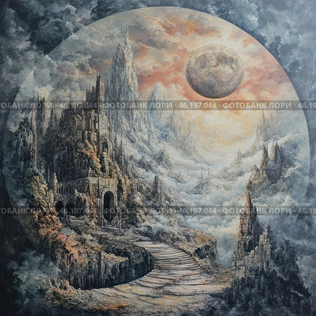 A fantastic scene reminiscent of a post-apocalyptic or dark fantasy world. In the center of the composition rises a majestic but ruined fortress city with gothic spires, mysterious arches and a staircase leading upward. The city is shrouded in thick clouds or fog, creating a sense of a mystical world hidden behind the veil of reality.In the background, one can see a huge celestial body reminiscent of the moon or another planet, illuminated by a dark orange-gray light, which adds an apocalyptic and mysterious tone to the painting. The atmosphere of the canvas is filled with drama and epic depth, as if an ancient forgotten world full of secrets and mysteries is opening up before the viewer.The color palette consists of cool grays, blues and earthy tones interspersed with warm, sunset light. The artistic style of the painting is reminiscent of dark fantasy, perhaps inspired by the work of such authors as Giger or Beksiński. Стоковое AI-изображение, AI-художник Анна Кривицкая / Фотобанк Лори