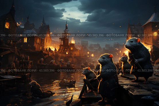 A fantastic scene where anthropomorphic rats live in a city built on the banks of a river. The evening atmosphere is illuminated by flames and torchlight. The rats are dressed in various outfits, some of them holding weapons, which adds tension and drama to the scene. In the distance, wooden houses can be seen, some of which are on fire, creating a feeling of disaster or battle. The water in the river reflects the fiery reflections, adding an extra layer to the dramatic mood. Стоковое AI-изображение, AI-художник Анна Кривицкая / Фотобанк Лори