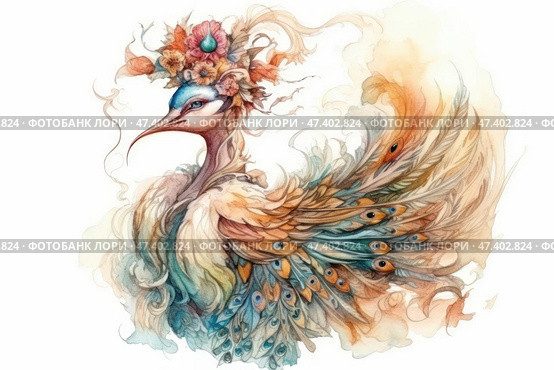 A fantastic watercolor illustration of a fairy bird that resembles a peacock, a heron and a phoenix all at once. Its feathers are multi-colored, soft, with smooth transitions of shades of orange, turquoise, blue and gold. The tail is decorated with eye patterns, like a peacock. On the bird's head is an elegant wreath of flowers, fruits and feathers, giving it a regal and mystical appearance. The image is like a living legend, embodying the beauty of nature, imagination and the spirit of a fairy tale. Стоковое AI-изображение, AI-художник Анна Кривицкая / Фотобанк Лори
