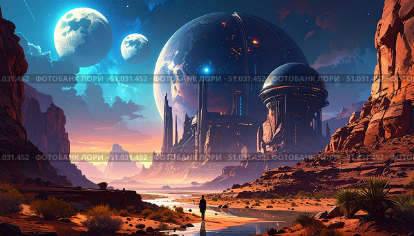 A fantastical alien landscape with massive futuristic domes and multiple moons evokes interstellar travel and space colonization. Стоковое AI-изображение, AI-художник Igor Tichonow / Фотобанк Лори