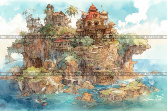 A fantastical watercolor illustration depicts a picturesque coastal town built on a rocky cliff overlooking turquoise waters. The architecture is reminiscent of a mix of Mediterranean and fantasy styles: stone buildings with domes, towers and terraces, surrounded by lush greenery. A ship and wooden structures can be seen in the distance, creating the feeling of a port settlement or pirate haven. Everything is done in soft pastels and warm colors, with rich detail and a light, dreamy atmosphere. Стоковое AI-изображение, AI-художник Анна Кривицкая / Фотобанк Лори