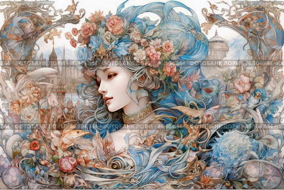 A fantasy female figure surrounded by a mesmerizing pattern of flowers, leaves and fairytale elements. The woman has pale skin, and her long wavy hair, done in shades of blue, is woven into the surroundings, connecting with natural motifs. A wreath of roses, butterflies and delicate details decorates her head, giving the image tenderness and magic. Around you can see architectural structures reminiscent of a medieval or fantasy city. The atmosphere of the drawing is imbued with sophistication and refinement, the style is reminiscent of Art Nouveau with elements of surrealism and fairytale. Стоковое AI-изображение, AI-художник Анна Кривицкая / Фотобанк Лори