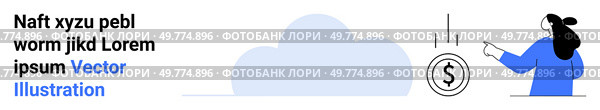 A female character in blue attire is seen tossing a coin into a savings fund with a cloud in the background. Ideal for banking, finance, investment, savings, and future planning themes. Banner. Female Character Throwing a Coin into a Future Savings Fund with Cloudy Background. Стоковая иллюстрация, агентство Ingram Publishing / Фотобанк Лори