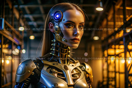 A female cyborg robot. Integration of technology and human interaction. Robotization of production. Artificial intelligence, the Internet and digital technologies of the future. Стоковое AI-изображение, AI-художник Photojuli / Фотобанк Лори