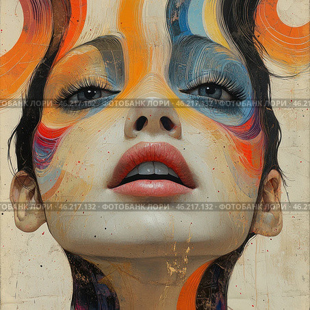 A female portrait in a modern style, combining realism and abstraction. The girl's face is highly detailed, with expressive eyes, lips and skin, but it is covered with bright abstract strokes of red, orange, blue and black.Elements of paint and graphic lines create the effect of movement and expression, adding depth and dynamics. The texture of the image resembles an oil painting, and the background has a slightly aged effect with scuffs and gold streaks. The girl's gaze is directed upwards, which gives the composition a sense of dreaminess and sublimity. Стоковое AI-изображение, AI-художник Анна Кривицкая / Фотобанк Лори