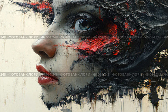 A female profile with an expressive, detailed eye, lips and nose. However, part of the face seems to blur and turn into abstract strokes of black and red paint, creating the effect of destruction or transformation. Dark colors, chaotic textures and dynamic splashes of red give the image expression, drama and symbolism. The painting is made in the style of a combination of realism and abstract expressionism. Стоковое AI-изображение, AI-художник Анна Кривицкая / Фотобанк Лори