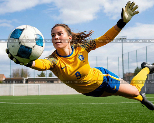 A female soccer player in a yellow. Стоковое AI-изображение, AI-художник Ярославский Максим / Фотобанк Лори