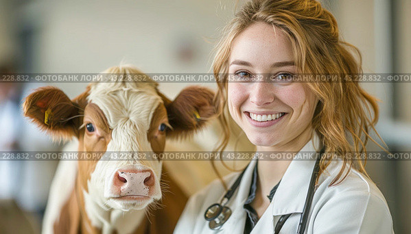 A female vet smiles holding a brown and white cow, commonly used in dairy farming. Стоковое AI-изображение, AI-художник Юрий Поздников / Фотобанк Лори
