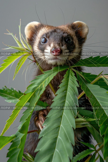 A ferret perched on a plant, looking curious and observant in its environment. Стоковое AI-изображение, AI-художник Данила Большаков / Фотобанк Лори