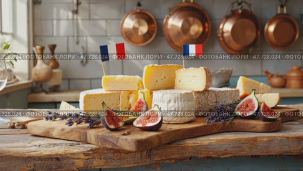 A festive cheese platter with French-themed Bastille Day decorations adds charm to a cozy kitchen, setting the perfect mood for a warm and joyful celebration. Стоковое AI-видео, аниматор Ирина Старикова / Фотобанк Лори