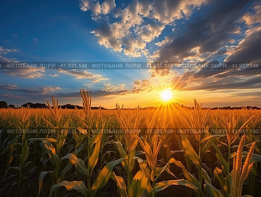 A field of corn in the rays of the setting sun. Modern agricultural technologies. The concept of modern crop production. Generated by AI. Стоковое AI-изображение, AI-художник Ярославский Максим / Фотобанк Лори