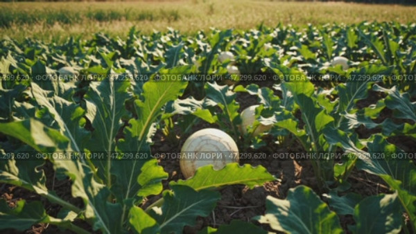 A field of daikon radishes with large white roots emerging from the soil, surrounded by green leaves under bright sunlight, highlighting the fresh and healthy crops. Стоковое AI-видео, аниматор Башкирова Анна / Фотобанк Лори