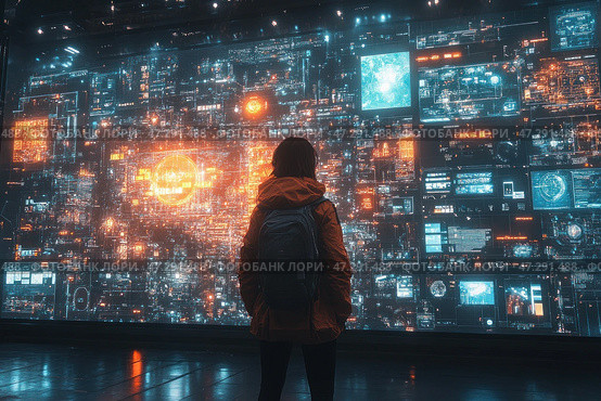 A figure of a man in an orange jacket and backpack standing in front of a giant digital wall filled with a lot of data, graphs, maps and technological elements. The wall glows in blue and orange tones, creating a cyberpunk atmosphere. It is a futuristic scene that conveys a sense of technological superiority, information control or exploration of digital space. Стоковое AI-изображение, AI-художник Анна Кривицкая / Фотобанк Лори