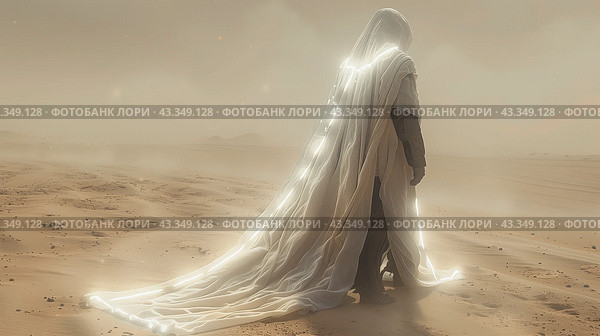 A Figure Walks Through The Desert Sands In A White Robe. Стоковое AI-изображение, AI-художник Сергей Толмачёв / Фотобанк Лори