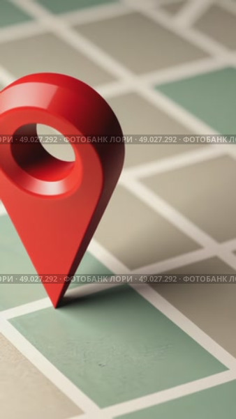 A flat-shaded 3D location pin icon with subtle parallax effect, bright red, hovering over a minimalist map with destination point, geo tracking, satellite navigation. Стоковое AI-видео, аниматор Sergey Grishin / Фотобанк Лори