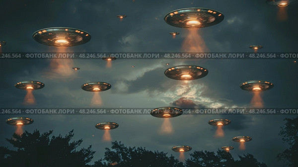 A Fleet of UFOs Hovers Mysteriously Over a Dark Forest on a Moonlit Night, Casting an Eerie Glow Upon the Trees Below. Стоковое AI-изображение, AI-художник Данила Большаков / Фотобанк Лори