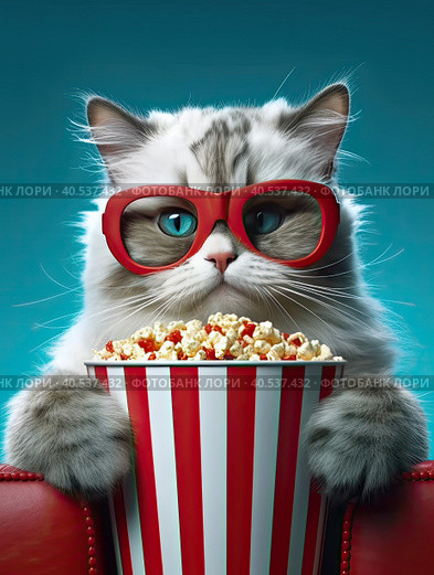 A fluffy, well-groomed house cat is watching a movie at the cinema with popcorn. Created by AI. Стоковое AI-изображение, AI-художник Ярославский Максим / Фотобанк Лори