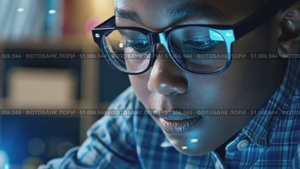 A focused young learner explores innovative concepts using technology at home, enhancing knowledge in a cozy environment during the evening. Стоковое AI-видео, аниматор Данила Большаков / Фотобанк Лори