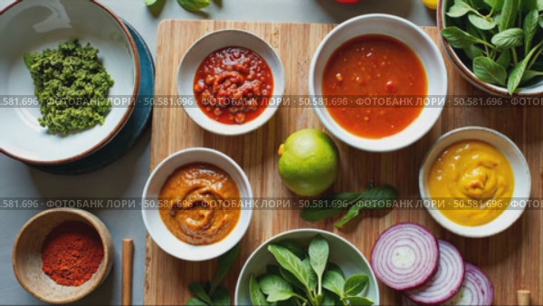 A food stylist's workspace with bowls of vibrant sauces. bright green herb pesto, deep red harissa, golden turmeric aioli arranged on beautiful modern kitchen. Стоковое AI-видео, аниматор Sergey Grishin / Фотобанк Лори