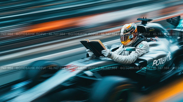 A Formula 1 driver is racing at full speed in a racing car, holding an open book in his hands. This surreal moment combines high technology and extreme speed with intellectual activity, creating an unexpected contrast. The blurred background and traces of movement emphasize the speed of the race, and the driver himself remains focused on reading, ignoring the danger. His racing suit and helmet make him part of the world of motorsport, but the book in his hands adds an element of absurdity and irony. Стоковое AI-изображение, AI-художник Анна Кривицкая / Фотобанк Лори