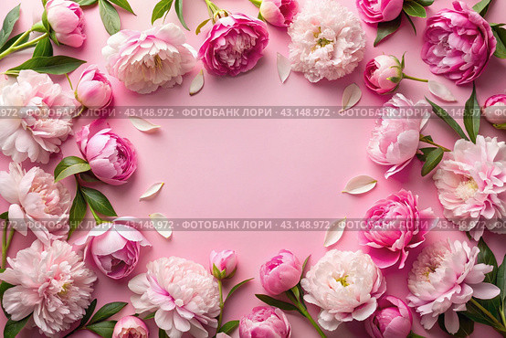 A frame with beautiful peony flowers on a pastel pink background. Flat layout, top view, place to copy, summer flowers. Стоковое AI-изображение, AI-художник Photojuli / Фотобанк Лори