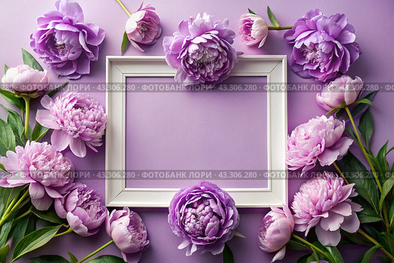 A frame with beautiful peony flowers on a pastel purple background. The layout of the apartment, top view, a place to copy, summer flowers. Стоковое AI-изображение, AI-художник Photojuli / Фотобанк Лори