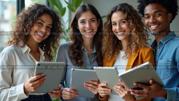 A friendly gathering of four individuals holding tablets and smiling warmly, set against a stylish indoor backdrop filled with natural light and greenery. Стоковое AI-изображение, AI-художник Sergey Grishin / Фотобанк Лори
