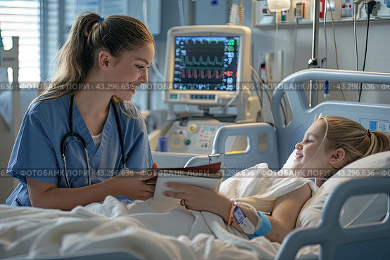 A friendly nurse talks to a young patient in a hospital room, positive communication. The concept of hospital care and support for young patients. Стоковое AI-изображение, AI-художник Ярославский Максим / Фотобанк Лори