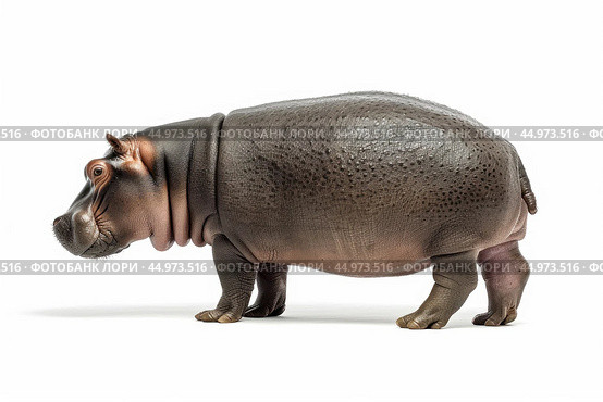 A full-body profile view of a pygmy hippopotamus, standing isolated on a white background. Стоковое AI-изображение, AI-художник Veniamin Kraskov / Фотобанк Лори