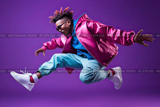 A full-length shot of a black guy jumping against a purple bright neon background. Dance concept, youth, hobbies, dynamics. Generated by AI. Стоковое AI-изображение, AI-художник Ярославский Максим / Фотобанк Лори