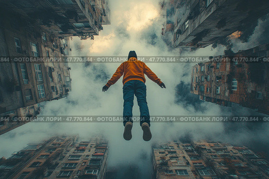 A futuristic and surreal image of a man in a bright orange jacket floating in the air between multi-story buildings. The camera looks up, creating a sense of flight and detachment from reality. The city is shrouded in thick fog or smoke, which enhances the atmosphere of mystery and transcendence. The photo evokes thoughts of dreams, freedom, escapism, loneliness in the metropolis or inner search. Ideal for use in the themes of urbanism, futurism, psychology, conceptual art and cinema. Стоковое AI-изображение, AI-художник Анна Кривицкая / Фотобанк Лори