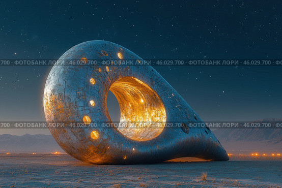 A futuristic architectural structure resembling a giant, curved toroid with holes. The surface of the structure appears metallic, with a texture reminiscent of old metal or stone, interspersed with light that pours from internal sources. The structure is illuminated by a warm yellow light, contrasting with the cool blue background of the night sky, dotted with stars. The surrounding area is deserted, emphasizing its grandeur and mystery. Стоковое AI-изображение, AI-художник Анна Кривицкая / Фотобанк Лори
