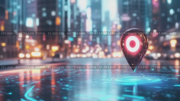 A futuristic cityscape with glowing digital elements. A large location pin stands prominently on a reflective surface, surrounded by tall buildings and city lights. Стоковое AI-видео, аниматор Nart / Фотобанк Лори