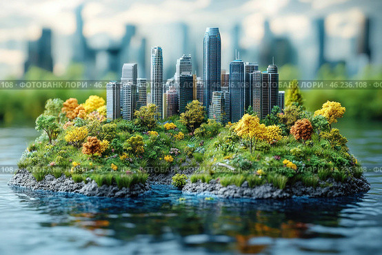 A futuristic concept of a city located on a small green island in the middle of the water. Miniature modern skyscrapers rise among dense vegetation consisting of trees with colorful foliage, grasses and flowers. The water around the island is calm, creating a reflection of the city's architecture. In the background, the silhouettes of a large metropolis are visible, slightly blurred, which adds a sense of depth and perspective. The painting symbolizes the balance between urbanization and nature, as well as the idea of ​​​​the eco-cities of the future. Стоковое AI-изображение, AI-художник Анна Кривицкая / Фотобанк Лори