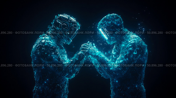 A futuristic confrontation between two digital humanoid entities, composed of vibrant glowing particles, symbolizing an energetic bond or struggle in deep space, ideal for technology advertisement. Стоковое AI-изображение, AI-художник Данила Большаков / Фотобанк Лори