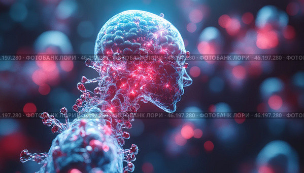 A futuristic human figure made of a translucent material resembling liquid or glass. Within the structure glowing red energy pulses are visible, similar to electrical signals or neural connections. The background is blurred, with red and blue highlights creating the effect of a cybernetic environment. The image symbolizes the fusion of technology and biology, possibly artificial intelligence, cybernetic intelligence, or digital evolution. Стоковое AI-изображение, AI-художник Анна Кривицкая / Фотобанк Лори