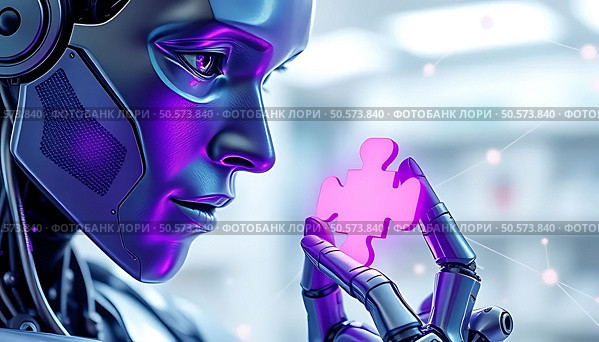 A futuristic robot with a metallic face holds a glowing pink puzzle piece. The background is blurred, suggesting a high-tech environment. Стоковое AI-изображение, AI-художник Olga Dmitrieva / Фотобанк Лори